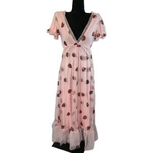 Pink Red Strawberry Dress Small Tulle Ruffle V-Neck Lined Fashion Classic